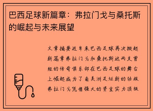 巴西足球新篇章:弗拉门戈与桑托斯的崛起与未来展望 巴西足球新篇章:弗拉门戈与桑托斯的崛起与未来展望